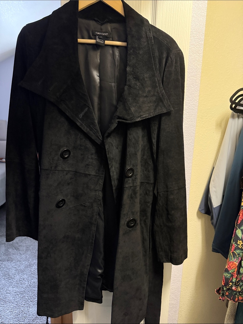 Karen Kane Black Suede Double-Breasted Trench Coat